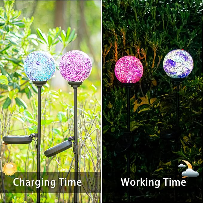 VCUTEKA Decorative Solar Garden Lights, 3.5" Mosaic Globe Stake 2 Pack | Mosaic Glass Design, Solar LED Light, Weather Resistant, Auto On/Off and Metal Stake Design for Lawn and Patio
