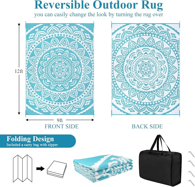 Bsmathom Waterproof Outdoor Rug 9x12ft Large Reversible Boho Plastic Straw Patio Deck Camping Rugs, Indoor Outdoor Portable RV Mat Carpet for Outside, Porch, Balcony, Backyard, Beach, Pool,Teal