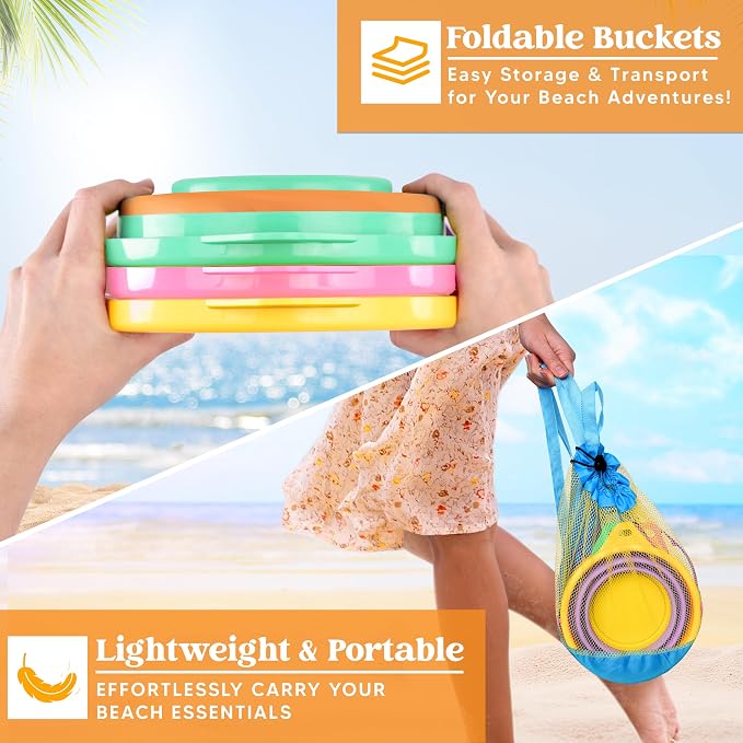 JOYIN 3 Packs Foldable Pail Bucket with Shovels & Mesh Bag, Collapsible Buckets Multi Purpose for Beach, Camping Gear, Beach Party, Fishing, and Fun Summer Activities (Orange/Blue/Purple)