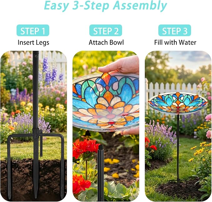 MUMTOP Bird Baths for Outdoors, Glass Birdbath Birdfeeder Bowl with Metal Stake for Outside Garden Yard Lawn Tiffany Style Decor