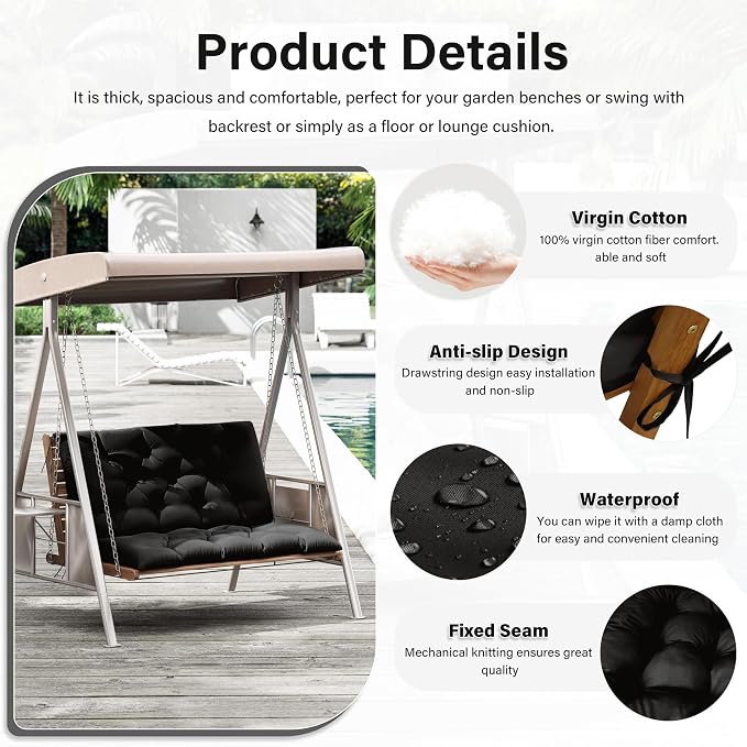 Porch Swing Cushion with Backrest,Waterproof Bench Cushion for Outdoor Furniture,2-3 Seater Replacement Thickened 5 in swing cushion,with Ties,Patio,Outdoor,Backyard and Garden (Black,40x40 in)