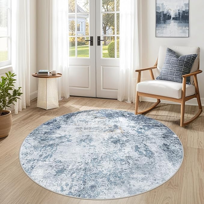 DMOYEST 5ft Round Area Rug for Living Room Washable Non Slip Circle Rug | 5x5 Neutral Modern Abstract Low Pile Rugs Kid & Pet Friendly Soft Carpet for Bedroom and Dining Room - Blue