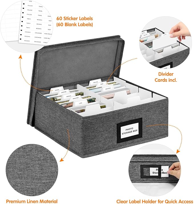 Photo Storage Box with Lid, Photo Organizer Box Fits Holds up to 1700 and 4x6 Pictures, with 8 Adjustable Dividers, 60 Labels, Photo Album Box for Envelopes, Scrapbooking, Recipes, Cards, Stamps
