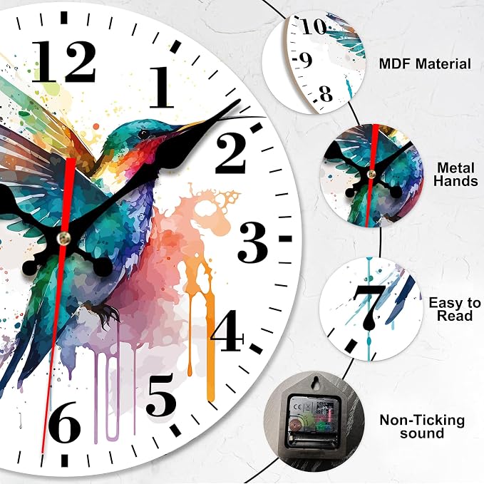 Wall Clocks Battery Operated, Watercolor Hummingbird Silent Non Ticking Decorative Indoor Outdoor Wall Clocks for Living Room Kitchen Bedroom Bathroom 12"