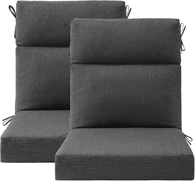 Outdoor Patio Chair Cushions 44x21x3.5 inch, Set of 2 Thicken Comfy Cushions for Rocker Non Slip Fade Shield Water Repellent High Back with Ties, Charcoal