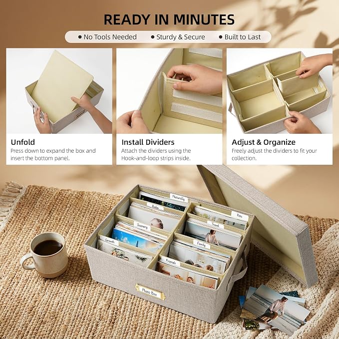 Linen Photo Storage Box with Adjustable Hook and Loop Dividers, Holds 1700 4"x6" Photos, Collapsible Picture Organizer with Handle and Label Stickers, Memory Keepsake Box for Women, Beige