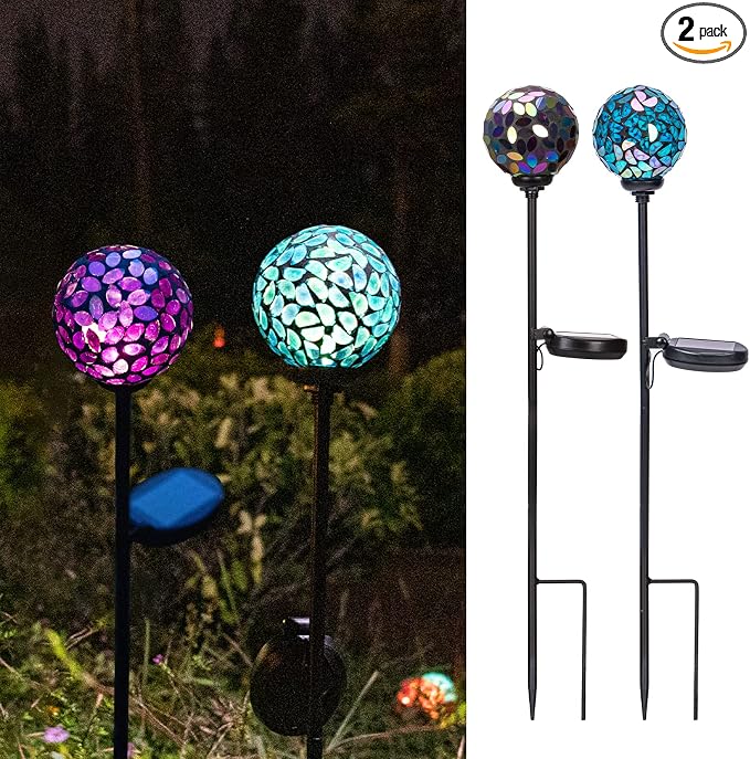 VCUTEKA Decorative Solar Garden Lights, 3.5" Mosaic Globe Stake 2 Pack | Mosaic Glass Design, Solar LED Light, Weather Resistant, Auto On/Off and Metal Stake Design for Lawn and Patio