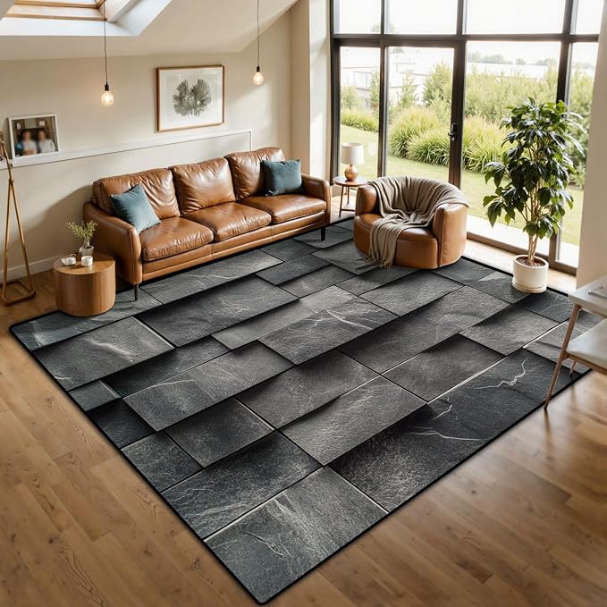 10x14 Area Rugs for Living Room Stone Tiles Layered Blocks Rectangular Forms Subtle Cracks Matte Washable Large Area Rug for Bedroom Non Slip Outdoor Carpets Soft Mats Kitchen Home Office Decor