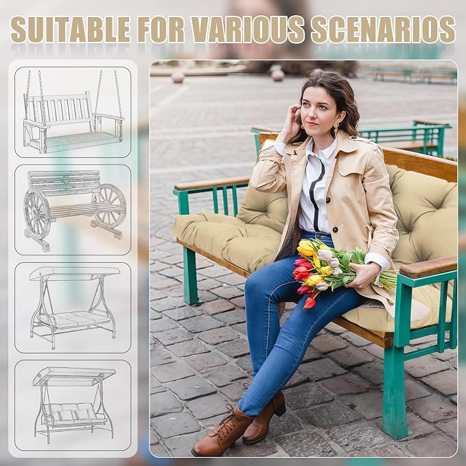 Porch Swing Cushions Replacement 60 inch with Backrest Extra Thick 5" Waterproof 3 Seater Swing Cushions for Outdoor Furniture Patio Bench (Khaki 60x40x5inch)