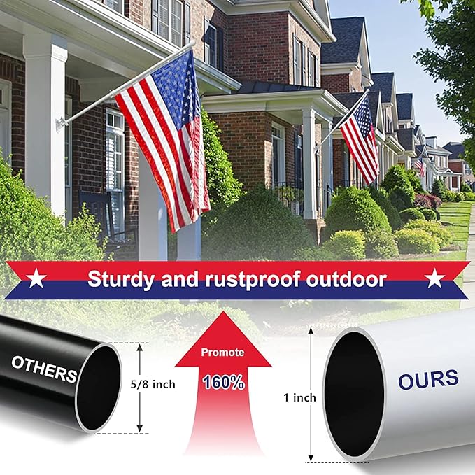 Flag Pole Holder for Outside House - 6ft Stainless Steel Heavy Duty Flagpole Kit,Tangle Free,2 Angle Bracket Mount for Grommet Flags,Banner,Garden Flag, Outdoor Residential Commercial Use,White