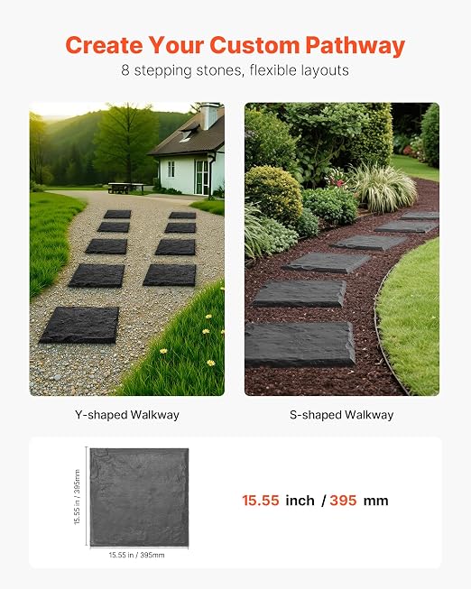 VEVOR Garden Stepping Stones, 8Pcs 15.5 x 15.5 in, Decorative Stepping Stones with Stakes, Weather-Resistant Plastic Pathway Pavers, Smooth Surface, Outdoor Walkway for Lawn Patio Landscape, Grey