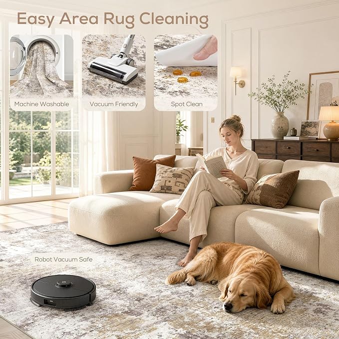 Nakagishi 10X14 Area Rugs for Living Room: Washable Modern Abstract Rug with Non-Slip Silicone Backing Low Pile Soft Carpet for Bedroom & Dining Decor Ideal for Families with Kids and Pets-Brown