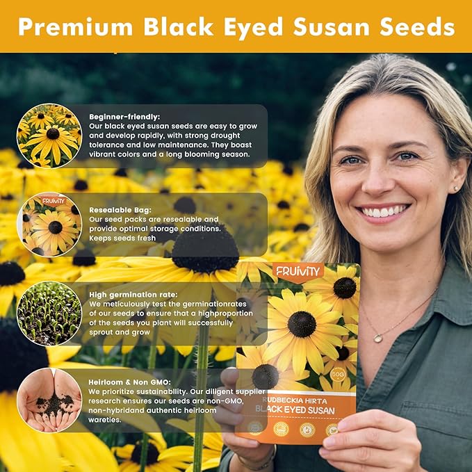 120,000+ Black Eyed Susan Seeds for Planting, Perennial Wildflower Seeds for Pollinator Gardens, Heirloom Flower Seeds to Plant Outside & Inside, Borders, Containers, Rudbeckia hirta