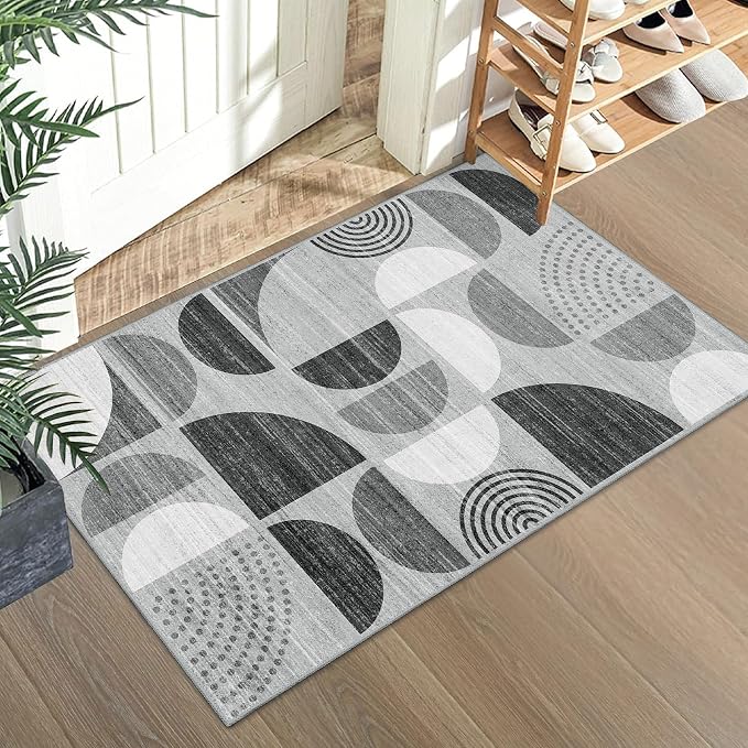 Small Rug Washable,Boho 2x3 Area Rugs Non Slip Modern Abstract | Machine Washable Throw Carpet for Entryway Bathroom Entry Entrance Bedroom Kitchen Soft Low Pile Floor Indoor Black and Grey