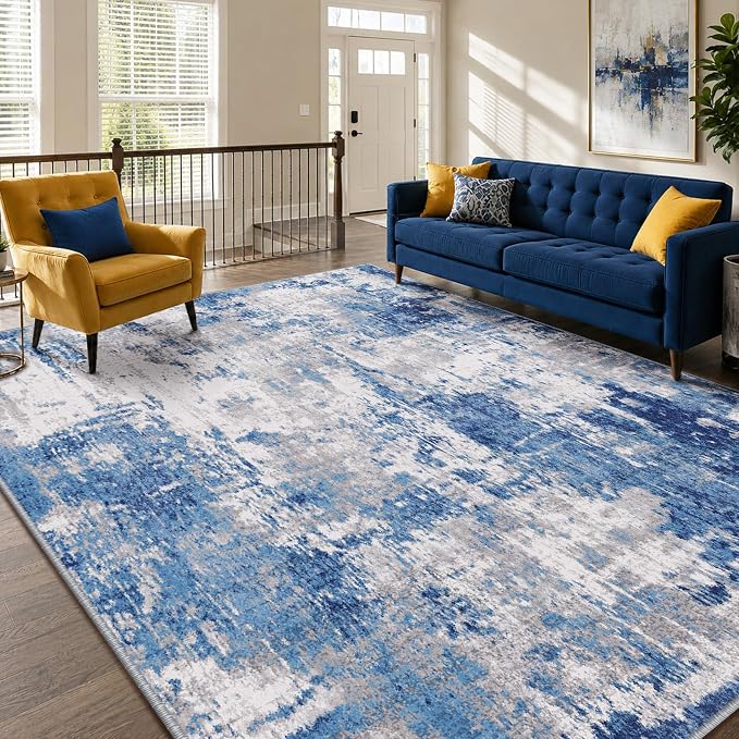 RELEANY Washable 6'x9' Abstract Area Rug for Living Room Blue Gray | Carpet for Bedroom, Kitchen, Office, Hallway and Entryway, Printed Pattern, Non‑Slip, Soft, Stain‑Resistant, Easy to Clean
