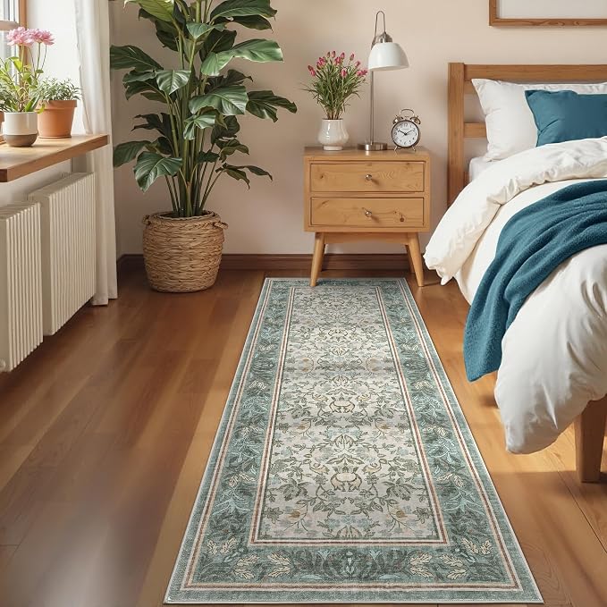 GarveeHome Washable 2x6 Hallway Runner Rug Non Slip Kitchen Rugs Sage Green | Boho Vintage Runner Rugs with Rubber Backing Soft Low-Pile Stain Resistant Indoor Long Carpet for Entryway Bedroom Laundry