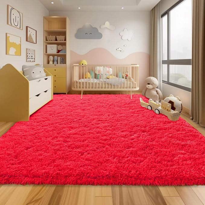 Soft Shag Rugs for Bedroom, Fluffy Washable 4x6 Red | Upgrade Non-slip, 4 x 6 Shaggy Rugs for Living Room Christmas, High Pile Fuzzy Plush Carpet Kids Room Dorm, Flame Resistant