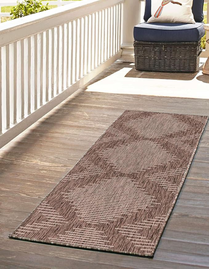 Unique Loom Outdoor Modern Collection Area Rug - Tambor (3' 3" x 14' 1" Runner, Brown/ Ivory)