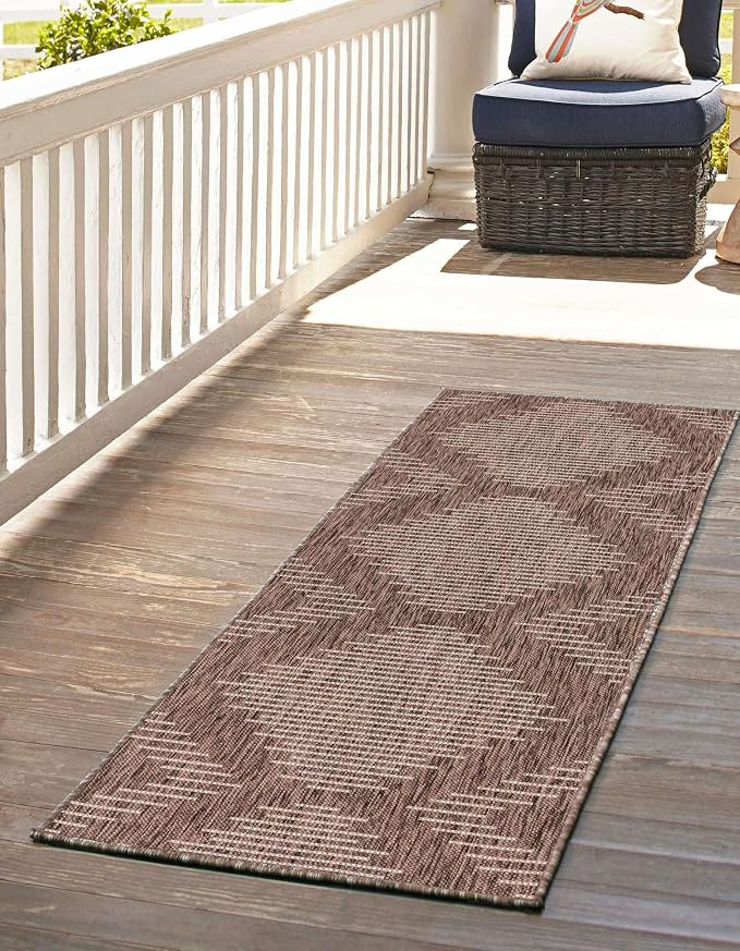 Unique Loom Outdoor Modern Collection Area Rug - Tambor (2' x 4' 1" Runner, Brown/ Ivory)