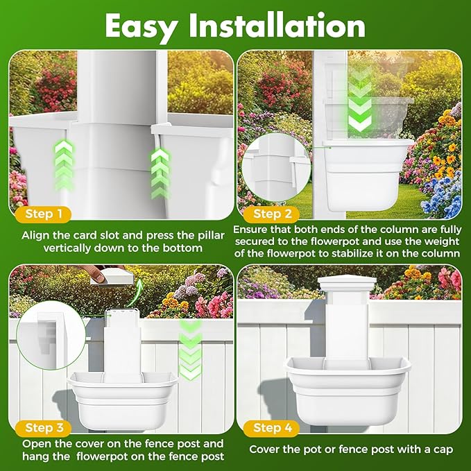 Hanging Planters for Outdoor Plants - Fence Hanging Planters for PVC Fence, Plant Hangers Hanging Plant Flower Pots White with Post Caps for Garden Yard Decor, Easy Install - 4 Pack
