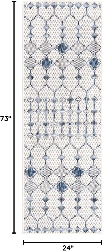 Unique Loom Outdoor Trellis Collection Area Rug - Traliccio (2' x 6' 1" Runner, Ivory/ Navy Blue)