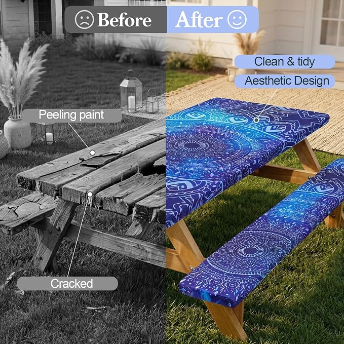 Picnic Table Cover with Bench Covers Camping Essentials Waterproof Windproof Camping Tablecloth with Drawstring Bag, Fitted Rectangle Tables and Seats, 60in, Blue Purple