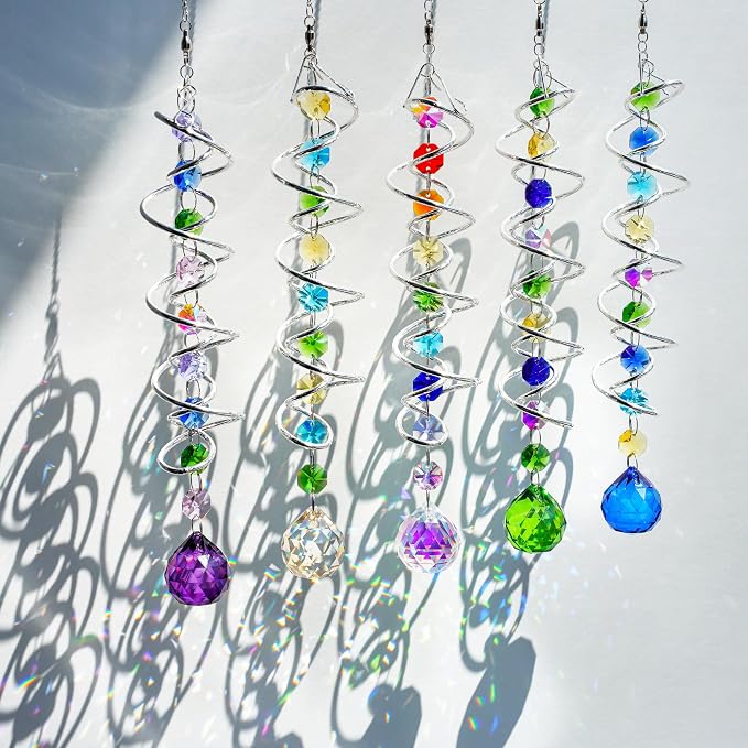 5 Pack Crystal Suncatcher Gazing Ball Spiral Wind Spinner Garden Decor | Crystal Sun Catcher Wind Spinner with Spiral Tail Gazing Ball Hanging for Indoor Outdoor Garden Patio Yard Home Decor
