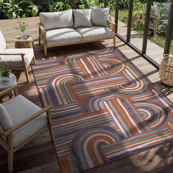 CAMILSON Indoor Outdoor Rug, Orange 10x14 Geometric Arch Striped Large Area Rugs for Patio and Home Areas, Easy-Cleaning Non-Shedding Living Room, Garden and Deck Washable Outside Carpet (10 x 14)