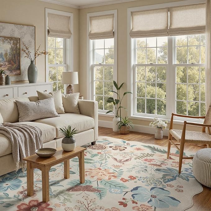DCX Vintage Floral Washable Area Rug 8x10, Non Slip Low Pile Rug, Beige | Rugs for bedroom, living room, dining room, office, soft, kid & pet friendly, sain resistant indoor carpet, home decor