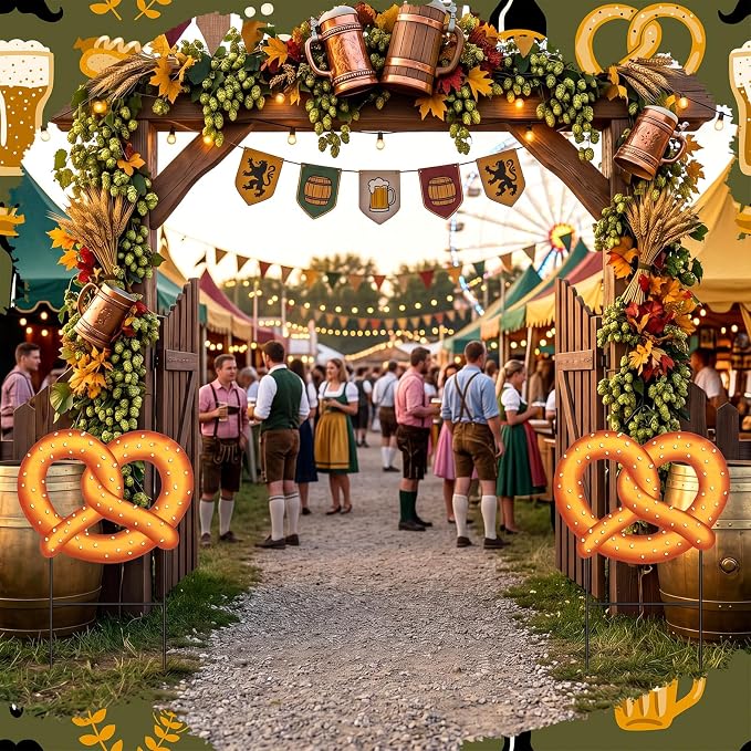 Amyhill 2 Pcs Oktoberfest Pretzel Yard Sign Stakes, 25 Inch Metal Beer Festival Outdoor Decor, German Bavarian Party Yard Signs, Oktoberfest Themed Patio Lawn Walkway Decorative Garden Stakes