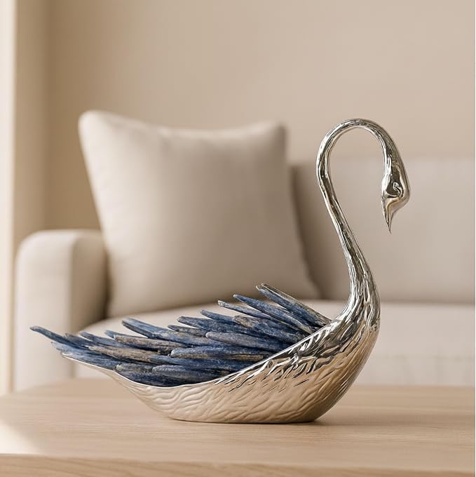 Metal Decorative Swan Sculpture with Crystal Feather – Accent for Table Top & Shelf, Coffee Table Decor for Living Room – Indoor Home Decor, Modern Stylish Tabletop Accessories Accent Piece – 6", Blue