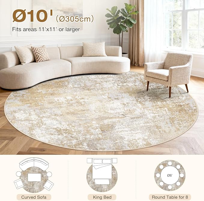 Tortania Washable 10' Round Area Rug for Living Room: Modern Abstract Neutral Large So' Thin Rugs - Non Slip Indoor Carpet for Bedroom Dining Room Office Nursery Home Floor Decoration - Brown Grey
