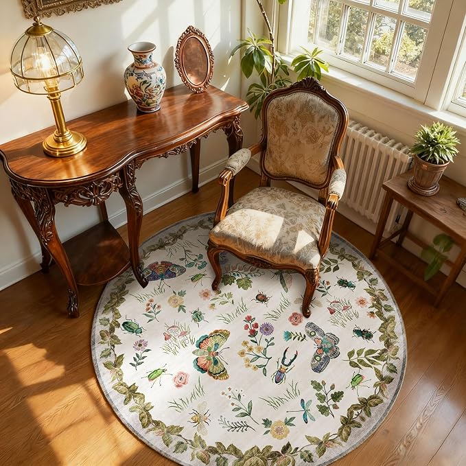 Washable Round Rugs for Bedroom 4ft: Living Room Rug Stain Resistant Non Slip Low Pile Ultra Soft Faux Wool Small Circle Rugs for Entryway Kitchen Bathroom Nursery Dorm Home Office Entrance Indoor
