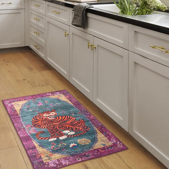 Vintage Tibetan Rug - 2x3, Non-Slip, Washable Rugs for Bathroom, Kitchen, Indoor, Entryway, Oriental, Traditional,Distressed, Tribal, Asian Accent Floor Mat
