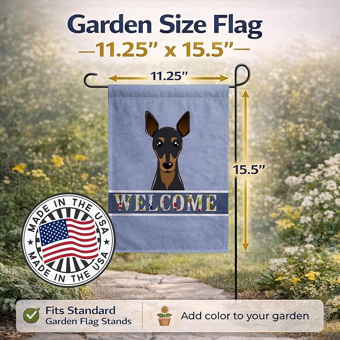Caroline's Treasures BB1426GF Min Pin Welcome Garden Flag, Blue Mailbox Flag Decorative Yard Flag Banner Outside Patio Artwork Yard Flower Beds, Garden Size, Multicolor