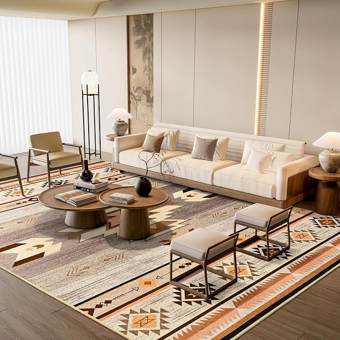 BENRON Western Area Rugs for Living Room Bedroom 6x9, Washable, Warm Beige | Non Slip Large Southwest aztec Rugs for Dining Table Kitchen Home Decor