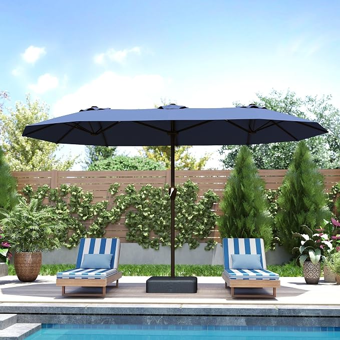Kingdura 15ft Large Patio Umbrella with Base Included, Double-Sided Rectangle Outdoor Table Umbrella with 12 Reinforced Ribs, Crank Lift for Market Pool Deck Backyard, Navy blue