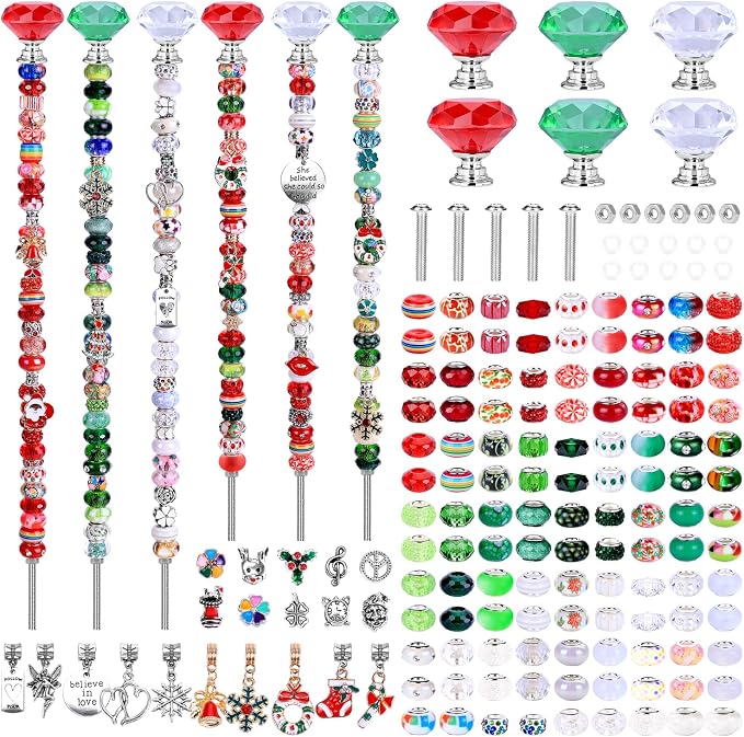 AIPRIDY DIY Crystal Beaded Fairy Wand Garden Stakes Kit, Colorful Decorative Wands with Assembly Guide, 12 or 10 Inch Threaded Rods,Outdoor Garden Decoration Set (174, Red+Green+White+Diamond Top)