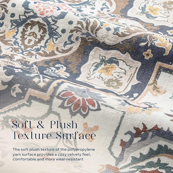 Phantoscope Washable Area Rug 4'x6' Non-Slip, Vintage Boho Rugs for Living Room, Bedroom, Dining Room, Persian Floral Medallion Pattern, Low-Pile Foldable Floor Carpet, Ivory Blue/Garden Bloom