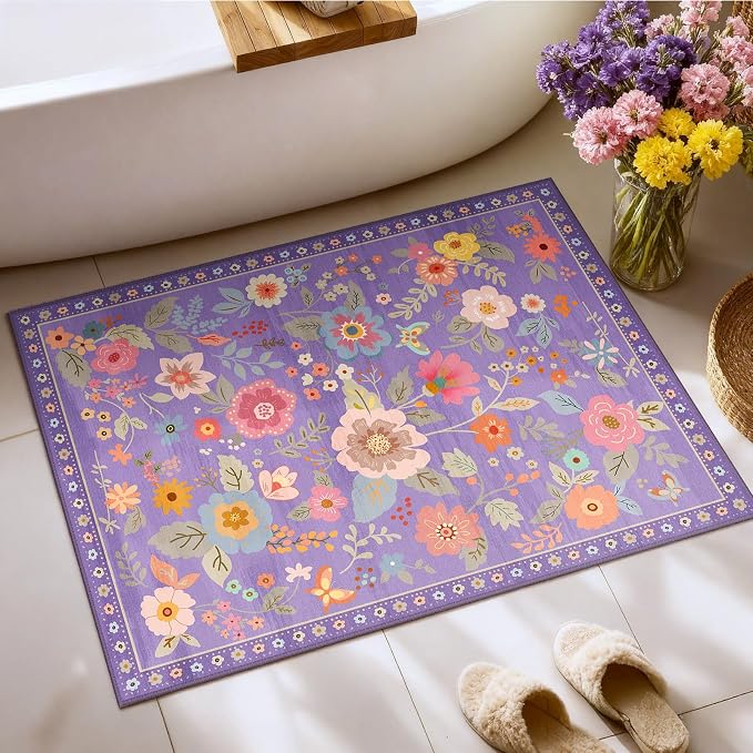 RELEANY Floral Washable 2x3 Area Rugsk Doormat Purple/Pin | Flower Carpet, Print, Boho, Non-Slip, Easy to Clean, Soft, Low Pile for Living Room Bedroom Kitchen Office Entryway Hallway