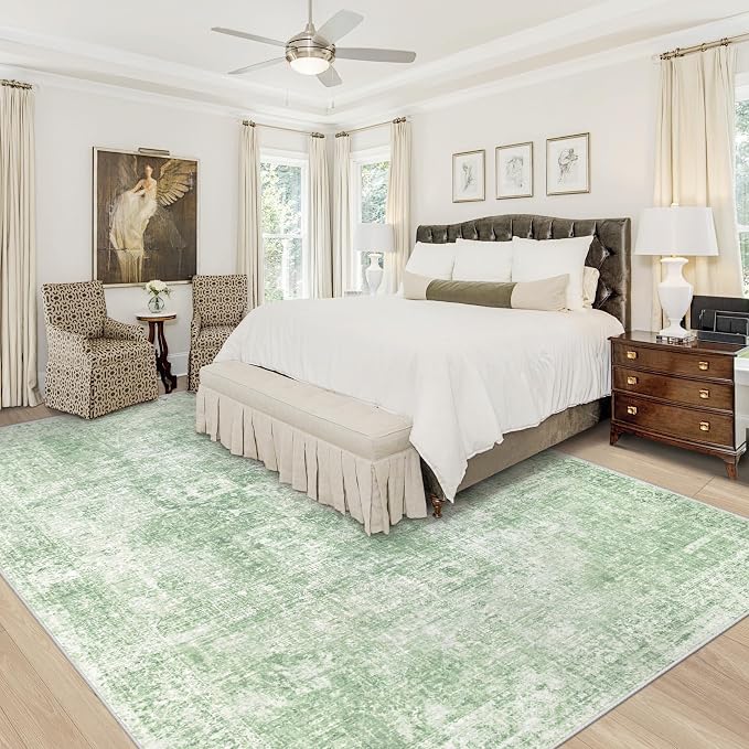 Area Rug 8x10 Washable Rug, Vintage Boho Medallion Rugs Non-Slip Soft Low Pile Large Distressed Rug Indoor Retro Carpet for Living Room Bedroom Dining Room Home Office (SageGreen, 8'x10')