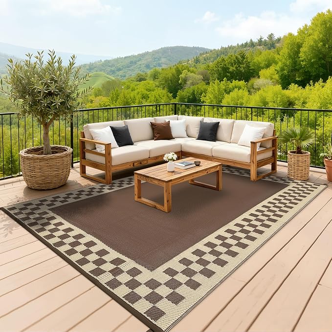 Outdoor Rug 8x10 Waterproof Patio Rugs Modern Geometric Border Reversible Mat for Front Door Rv Foldable Plastic Straw Carpet for Travel Trailers, Deck, Porch, Camper, Balcony, Beach，Brown