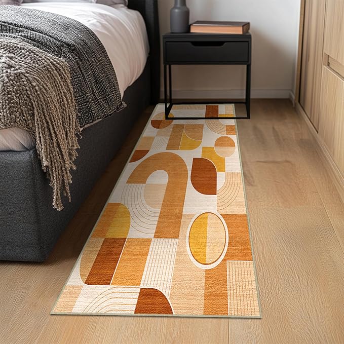 Orange Rug 2x6 Hallway Runner Rug Geometric Mid Century Modern Rugs | Washable Abstract Low Pile Non-Slip Geometric Long Carpet for Kitchen Bedroom Doorway Bathroom Laundry