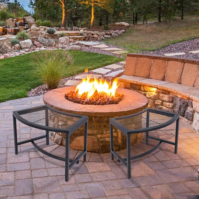 Metal Fire Pit Curved Bench, Backless Powder-Coated Mesh Outdoor Bench, Weatherproof Garden Chair Seating for Firepit Deck Patio Porch Yard, Black, Set of 4