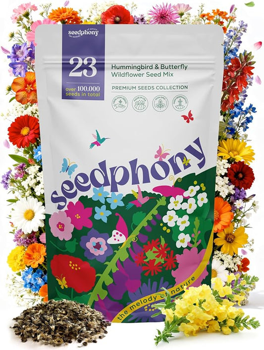 Seedphony 23 Wildflower Hummingbird & Butterfly Mix 4 oz - 100,000 Non-GMO Heirloom Wildflower Seeds for Planting Garden, Perennial Flowers to Attract Bees, Butterflies & Birds in Waterproof Packet