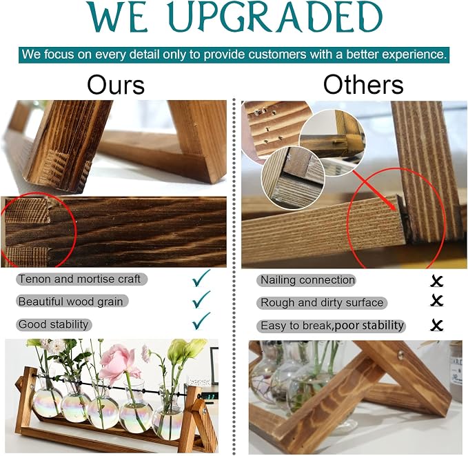 XXXFLOWER Plant Terrarium with Wooden Stand, Wall Hanging Glass Planter Tabletop Propagation Station Metal Swivel Holder Retro Rack for Hydroponics Home Garden Office Decoration - 5 Bulb Vase