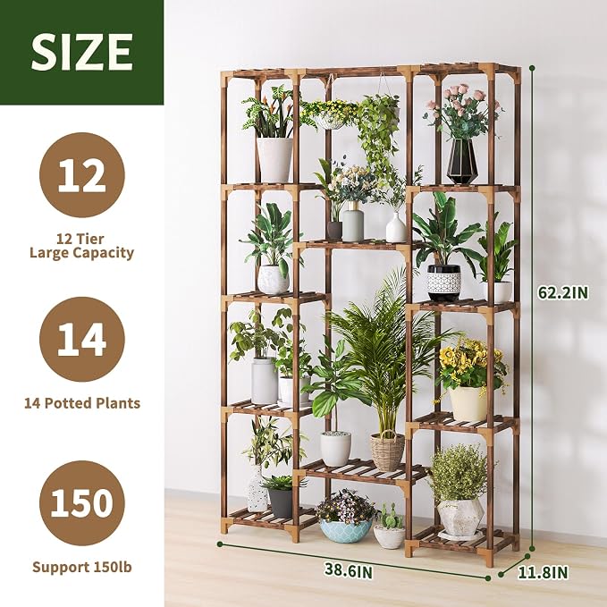 Uneedem Plant Stand Indoor Outdoor, Tall Plant Shelf for Multiple Plants, 12 Tiers Large Plant Rack Wood Plant Holder Plant Shelves for Room Corner Balcony Garden Patio