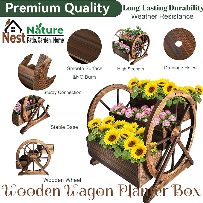 3 Tier Large Wooden Wagon Planter Box|Outdoor Planter/Flower Pot for Indoor&Outdoor Plants-Rustic Garden Planter for Patio,Porch&Garden Decor-Raised Garden Bed for Succulents,Herbs,Vegetables