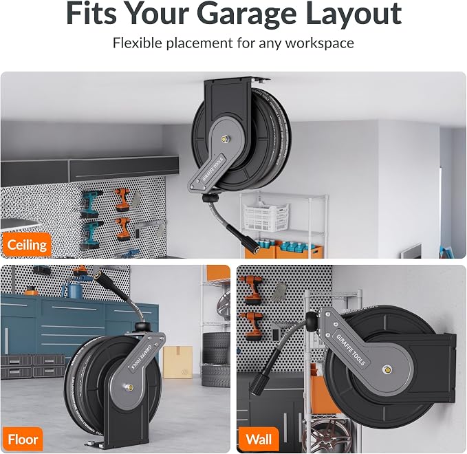 Giraffe Tools Pressure Washer Hose Reel with 60ft Replaceable Hose, Power Washer Retractable Hose Reel, Heavy Duty, Wall/Floor Mounted, 4000 PSI