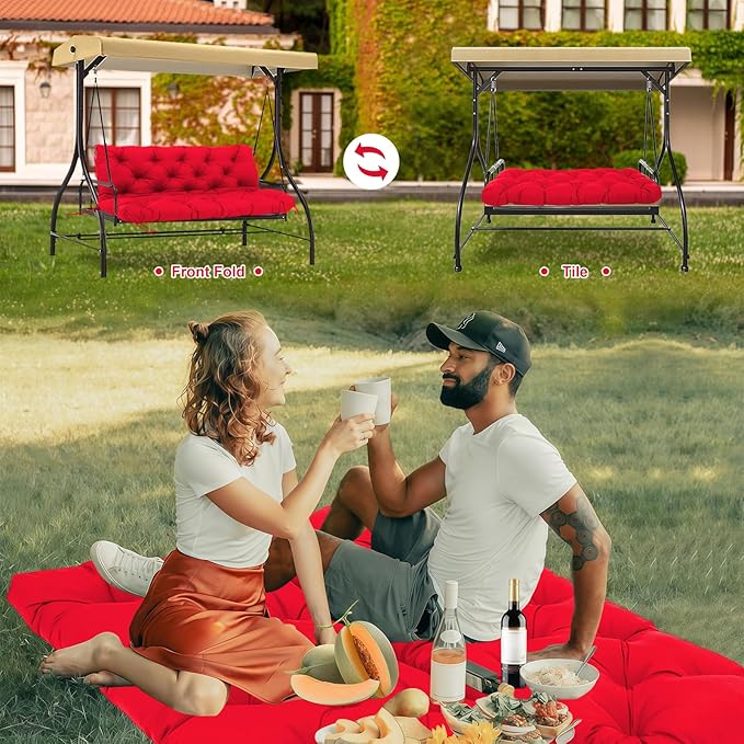 Porch Swing Cushions 3 Seater Replacement Thicken 5" Waterproof & Fade Resistant Swing Cushions for Outdoor Furniture Bench Patio Swing Cushion with Backrest & Ties(Rose Red 70x40x5inch)